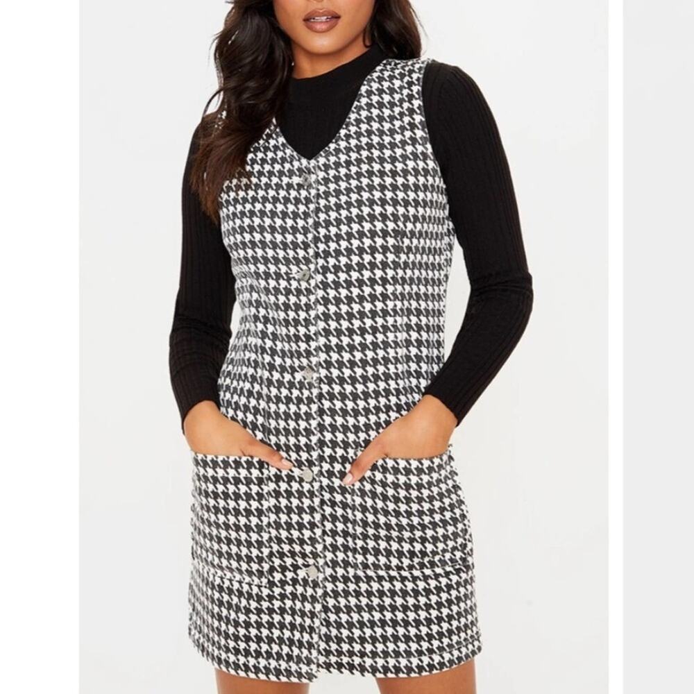 PrettyLittleThing micro chrome houndstooth check denim mini dress NWT size US 4